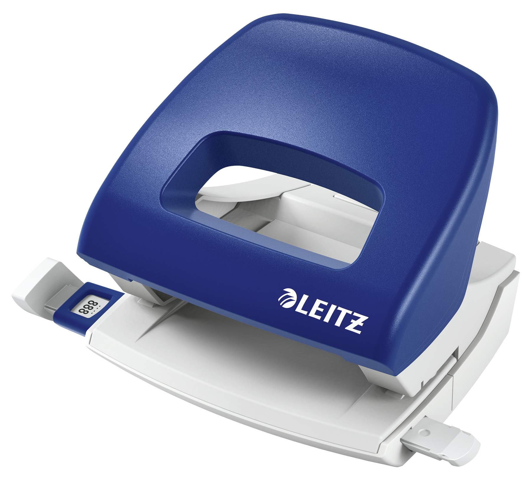 Bürolocher in Blau und Weiß. Hat eine ergonomische Form und eine Zählanzeige.