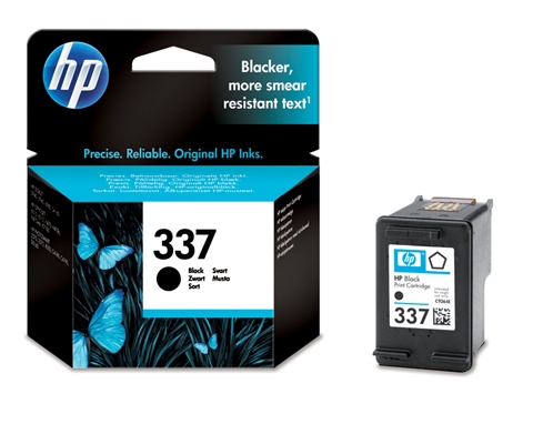 Schwarze Druckerpatrone von HP mit der Bezeichnung 337. Verpackung zeigt blaue Schmetterlinge auf schwarzem Hintergrund.