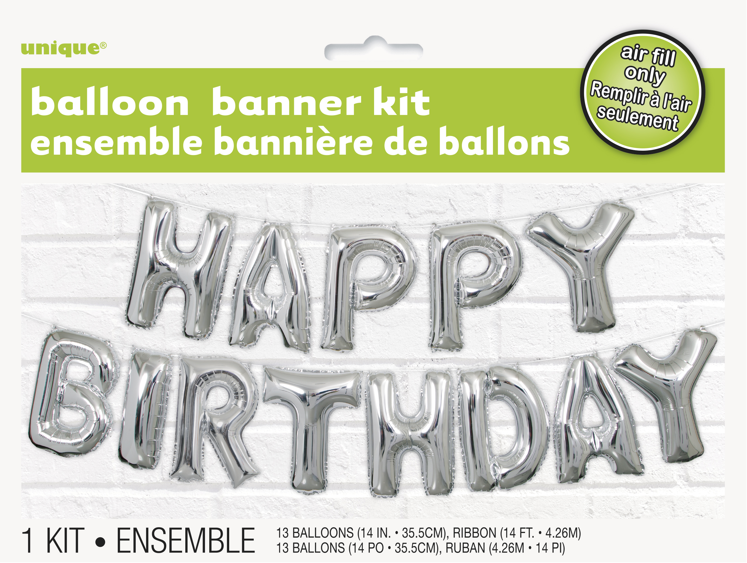Ballonbanner-Set mit dem Schriftzug 'HAPPY BIRTHDAY'. Silberne Buchstaben, 13 Ballons, Luftfüllung. Enthält auch ein 14 Fuß langes Band.