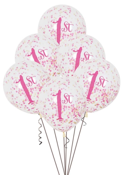 Ballon mit Konfetti - 1. Geburtstag: 1st, 6 Stück, transparent / rosa / gold 