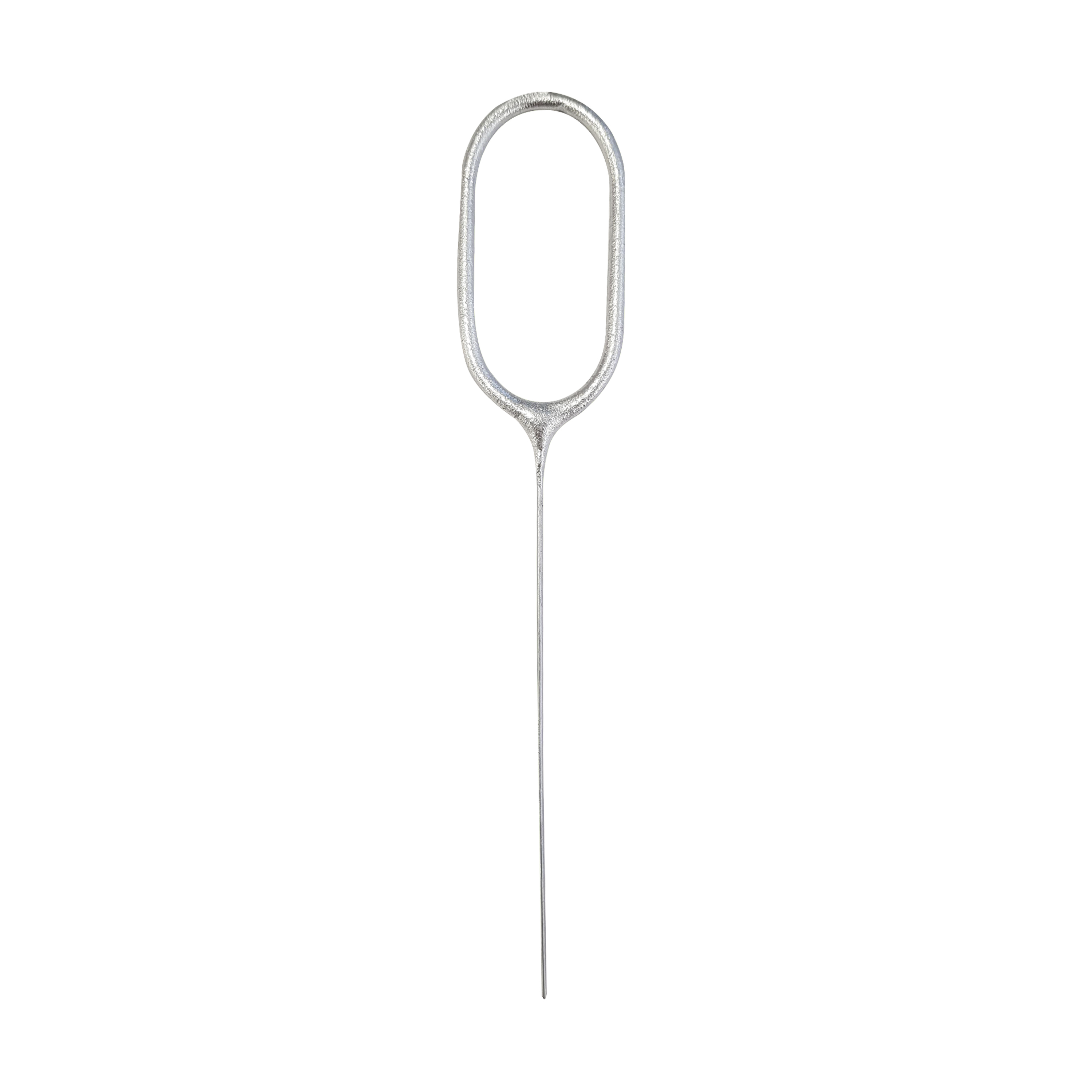 Ein langer, dünner Metallstab mit einer ovalen Schlaufe oben. Der Stab hat eine spitze Endung.