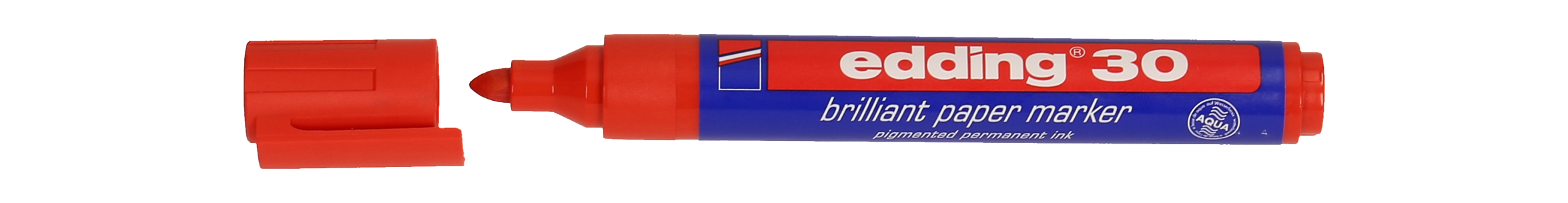 Roter Permanentmarker mit blauer Verpackung. Kappe abgenommen, Spitze sichtbar.