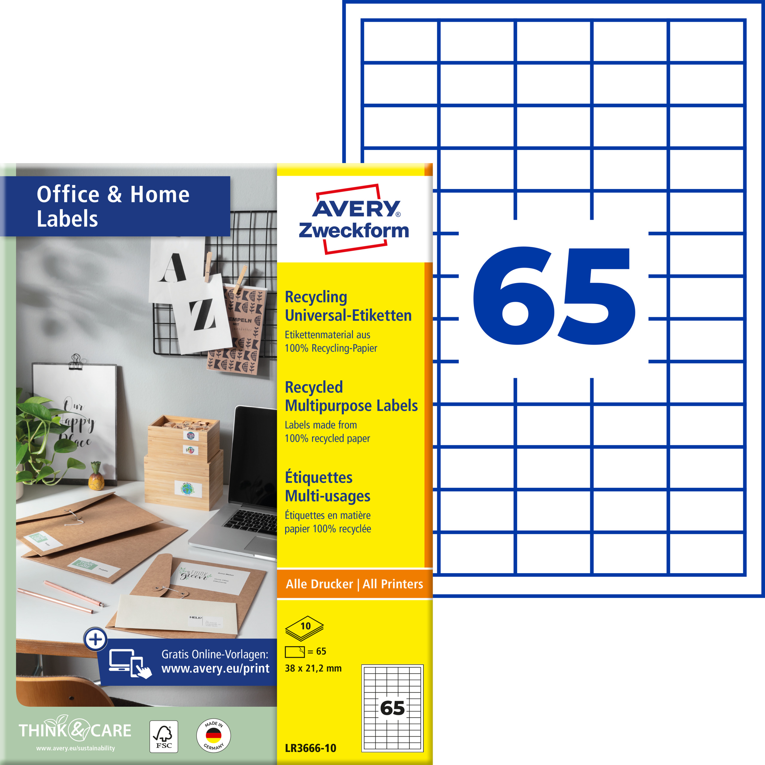 AVERY Zweckform LR3666-10 Recycling Etiketten Home Office Kleinpackung A4 38 x 21,2 mm 650 Etiketten/10 Bögen naturweiß