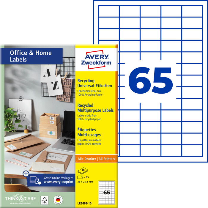 AVERY Zweckform LR3666-10 Recycling Etiketten Home Office Kleinpackung A4 38 x 21,2 mm 650 Etiketten/10 Bögen naturweiß