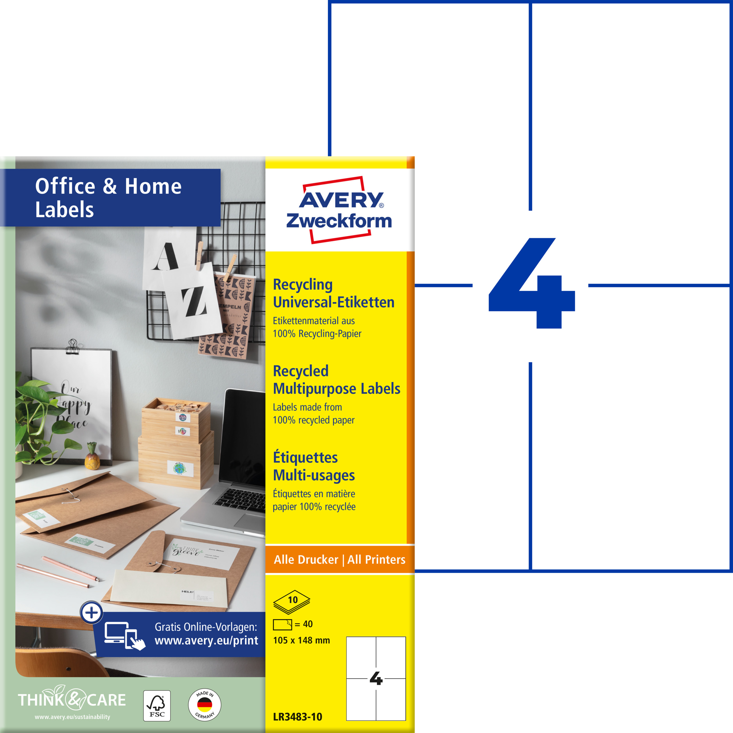 AVERY Zweckform LR3483-10 Recycling Etiketten Home Office Kleinpackung A4 105 x 148 mm 40 Etiketten/10 Bögen naturweiß