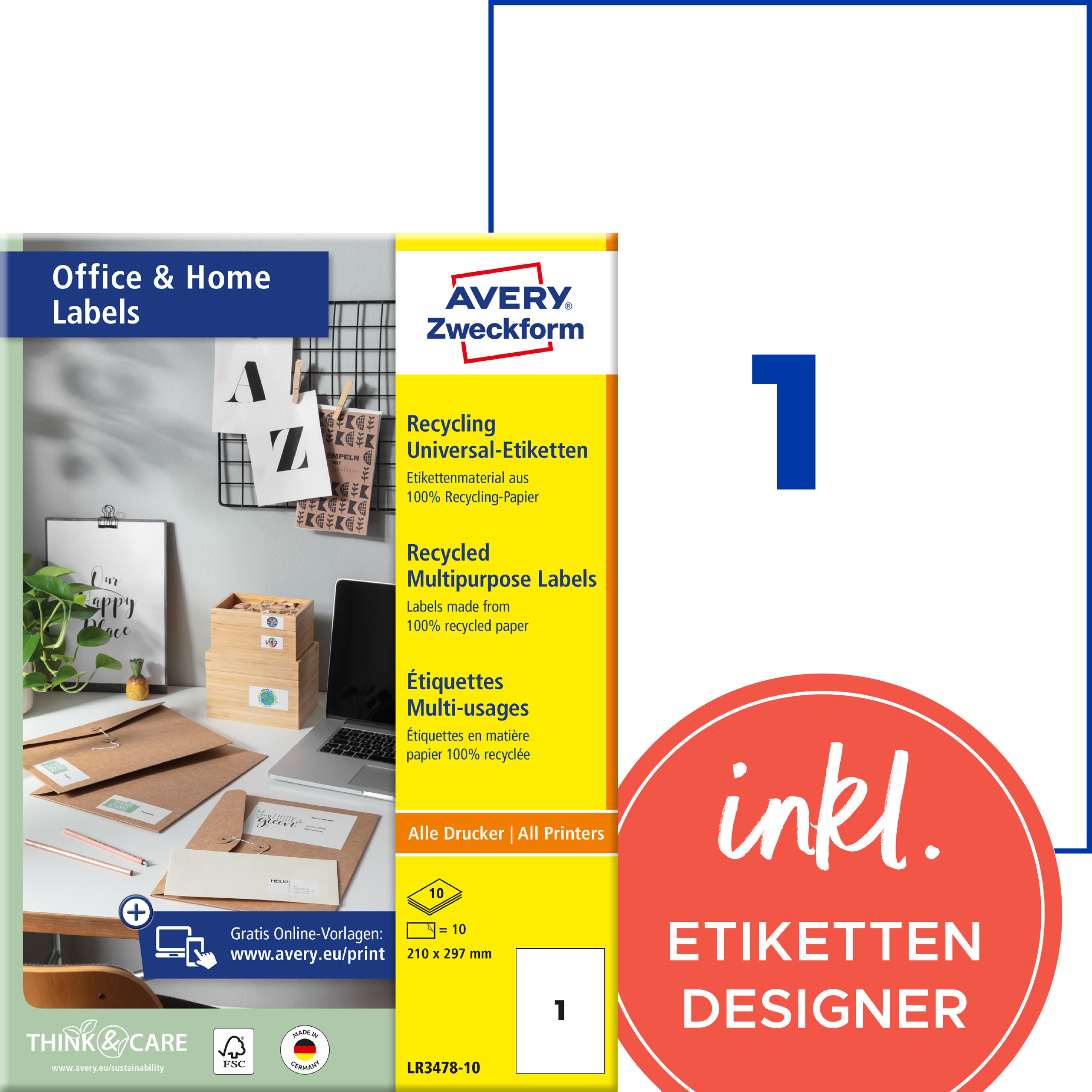 AVERY Zweckform LR3478-10 Recycling Etiketten Home Office Kleinpackung A4 210 x 297 mm 10 Etiketten/10 Bögen naturweiß