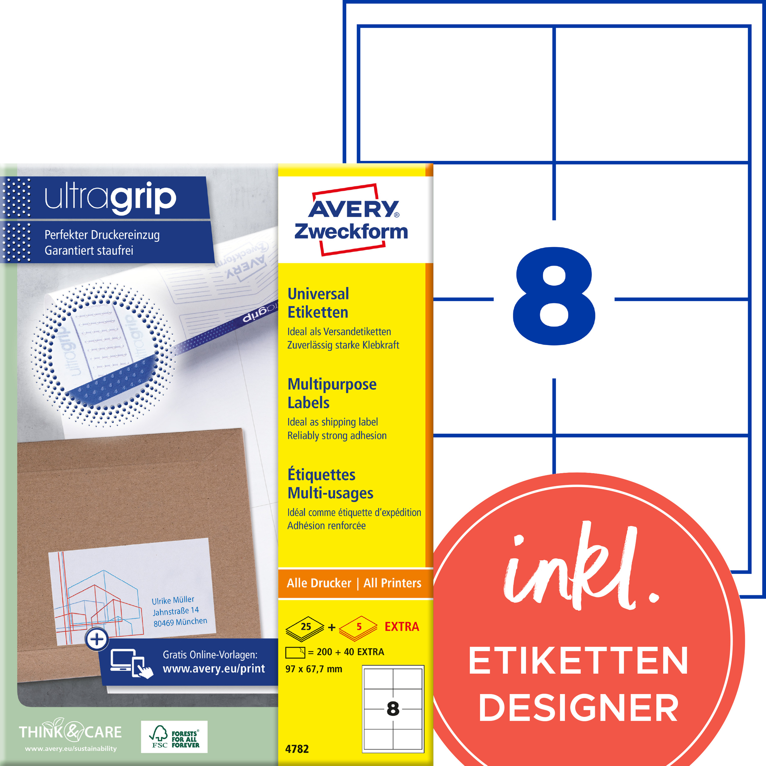 AVERY Zweckform 4782 Universal-Etiketten A4 ultragrip 97 x 67,7 mm 240 Etiketten/30 Bögen weiß