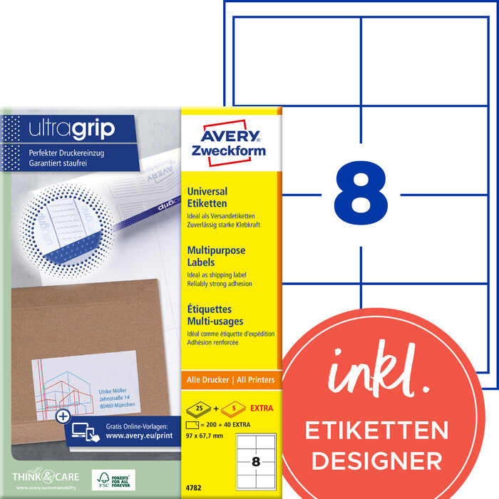 AVERY Zweckform 4782 Universal-Etiketten A4 ultragrip 97 x 67,7 mm 240 Etiketten/30 Bögen weiß