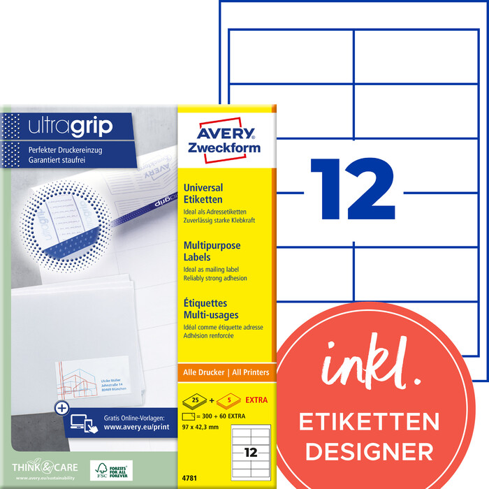 AVERY Zweckform 4781 Universal-Etiketten A4 ultragrip 97 x 42,3 mm 360 Etiketten/30 Bögen weiß