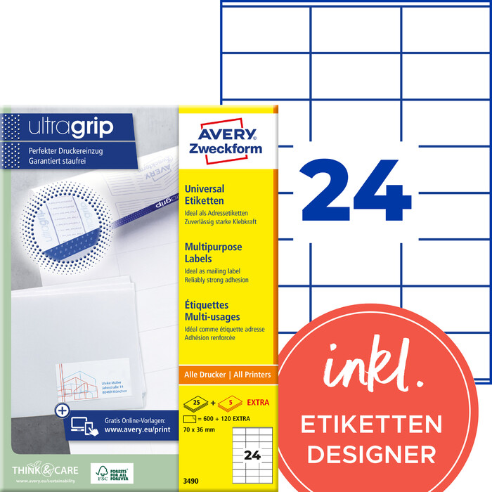 AVERY Zweckform 3490 Universal-Etiketten A4 ultragrip 70 x 36 mm 720 Etiketten/30 Bögen weiß