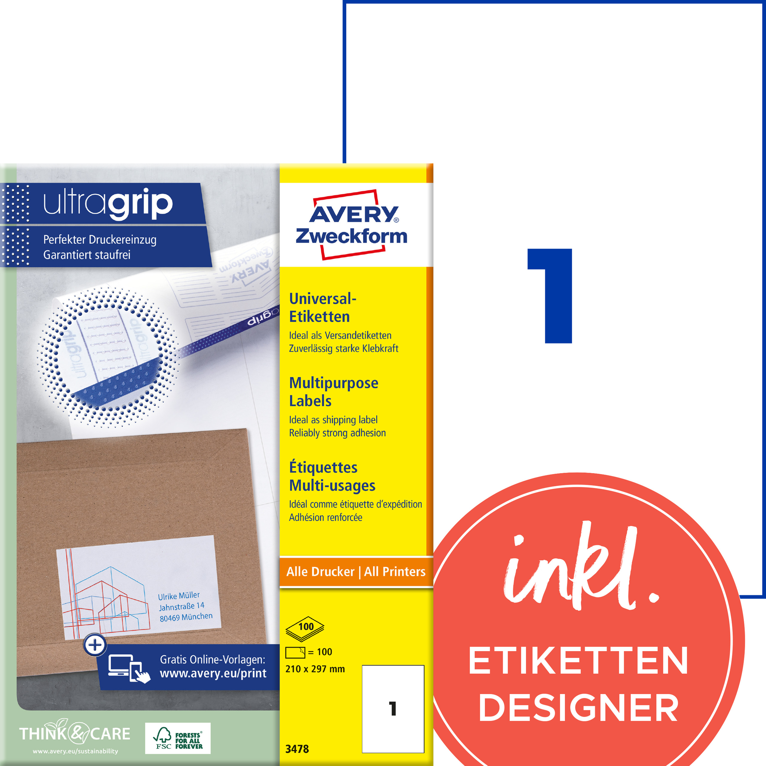 AVERY Zweckform 3478 Universal-Etiketten A4 ultragrip 210 x 297 mm 100 Etiketten/100 Bögen weiß