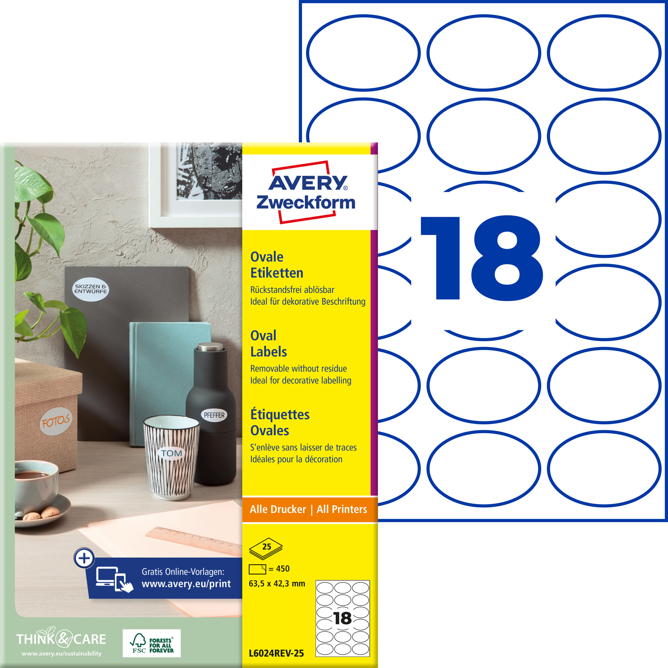 AVERY Zweckform L6024REV-25 Ovale Etiketten ablösbar A4 63,5 x 42,3 mm 450 Etiketten/25 Bögen weiß