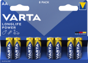 Packung mit 8 AA-Batterien. Blaues Design mit gelben Akzenten. Aufschrift 'VARTA LONGLIFE POWER'.