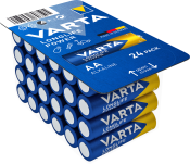 Packung mit 24 AA Batterien. Blaues Design mit gelben Akzenten.