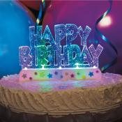 Geburtstagskuchen mit einer bunten 'Happy Birthday' Dekoration. Hintergrund mit großen Luftballons.