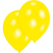 Zwei gelbe Luftballons. Sie sind glänzend und rund.