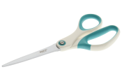 Schere mit langen Klingen und ergonomischen Griffen. Die Griffe sind in Blau und Weiß.