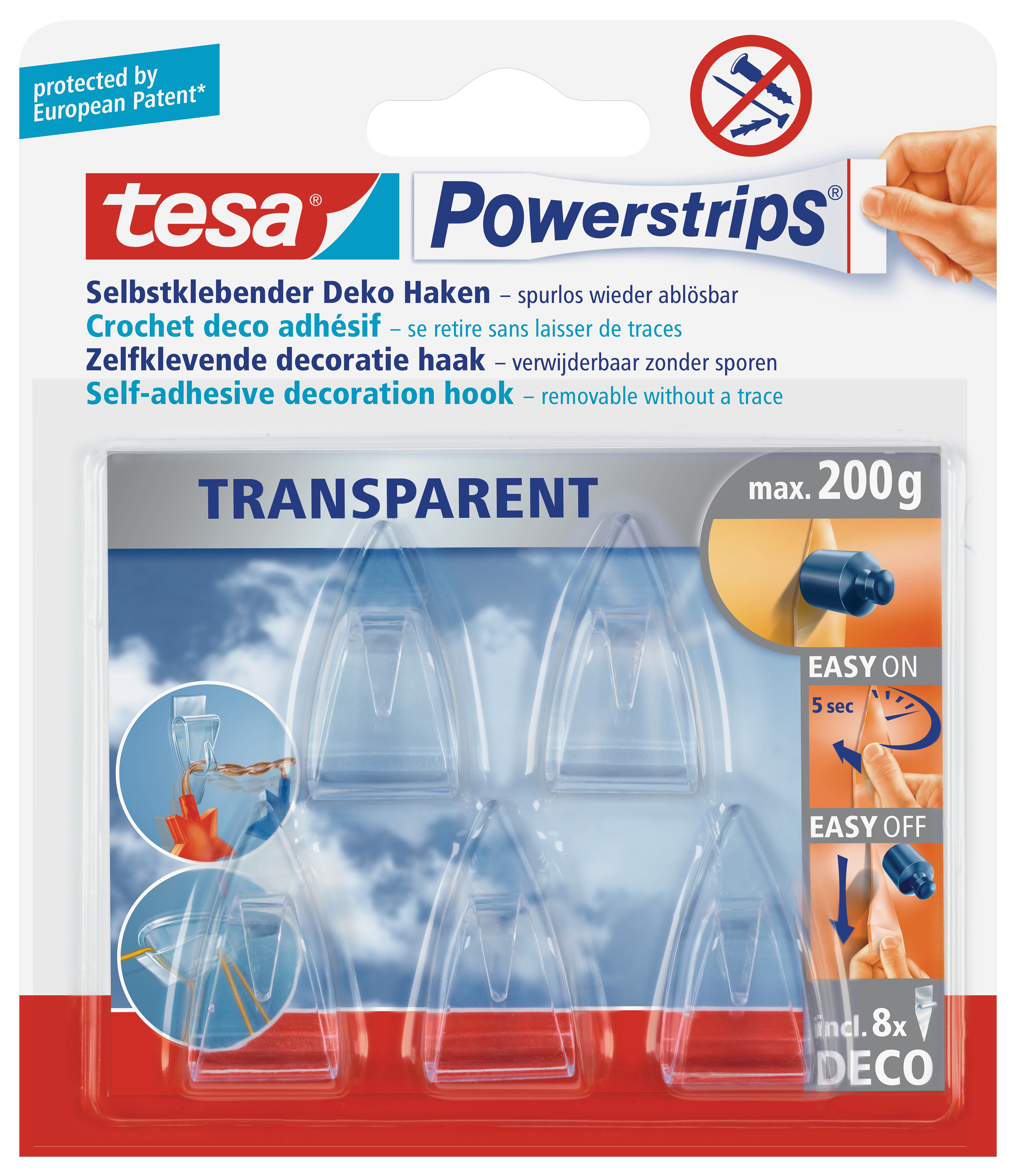 Transparente selbstklebende Deko-Haken. Verpackung enthält 8 Haken. Maximal tragbare Last: 200g. Einfache Anbringung und Entfernung.