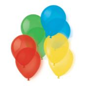 Sechs bunte Luftballons in rot, grün, blau und gelb. Sie sind glänzend und rund.