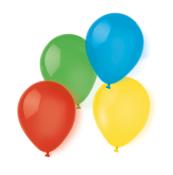 Vier Luftballons in verschiedenen Farben: rot, grün, blau und gelb. Sie sind glänzend und rund.
