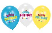 Drei Luftballons in verschiedenen Farben: blau, weiß, gelb. Auf jedem Ballon steht 'Happy Birthday' mit einer Torte und bunten Fähnchen.