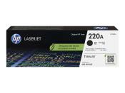 Schwarze Tonerkartusche für HP Drucker. Verpackung mit grüner Pflanze und Hinweis auf umweltfreundliches Design. Modellnummer 220A.