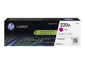 Schwarze Verpackung für HP LaserJet Toner. Magenta Farbe, Modell 220A. Hinweis auf umweltfreundliches Design. QR-Code auf der Seite.