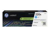 Schwarze Verpackung für HP LaserJet Toner. Enthält cyanfarbene Tonerkartusche mit der Bezeichnung 220x.