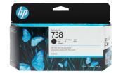 Schwarze Druckerpatrone DesignJet 738. 130 ml Inhalt. Verpackung mit blauen Schmetterlingen. Mehrsprachige Beschriftung.