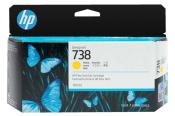 Schwarze Verpackung mit blauem HP-Logo. Gelbe Tinte, DesignJet 738. Abbildung von blauen Schmetterlingen. Inhalt: 130 ml.