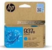 HP Tintenpatrone in Cyan. Verpackung aus braunem Karton mit blauer Blume.