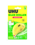 Gelber Kleberoller mit permanentem Kleber. Verpackung zeigt Anwendungshinweise und Maße.