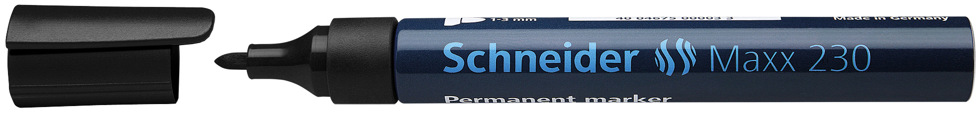 Dunkelblauer Permanentmarker mit schwarzem Deckel. Die Spitze ist rund und dick.