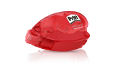 roter Kleberoller mit transparentem Gehäuse. Aufschrift 'Pritt refill roller permanent'. Kompakt und handlich.