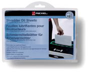 Packung mit Schmierblättern für Aktenvernichter. Enthält 12 Blätter zur Pflege des Geräts.