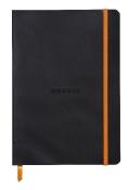 Schwarzes Notizbuch mit orangefarbener Gummiband. Auf der Vorderseite steht 'RHODIA'.