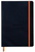 Schwarzes Notizbuch mit orangefarbener Gummiband. Das Logo 'Rhodia' ist auf der Vorderseite geprägt.