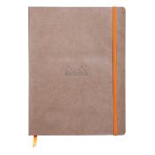Braunes Notizbuch mit orangefarbener Gummibandbindung. Auf der Vorderseite ist das Logo 'Rhodia' eingeprägt.