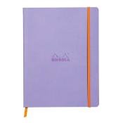 Lila Notizbuch mit orangefarbenem Gummiband. Das Logo 'RHODIA' ist geprägt.