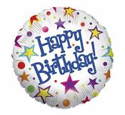 Runde Luftballon mit bunten Sternen und Punkten. Aufschrift: 'Happy Birthday!' in blauer Schrift.
