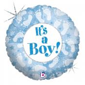 Runder Luftballon in Blau mit dem Text 'It's a Boy!'. Fußabdrücke und Sterne sind im Design.