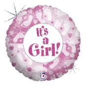 Runde Folienballon in Pink mit dem Text 'It's a Girl!'. Umgeben von Fußabdrücken und Herzen.