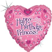 Herzförmiger Ballon in Pink. Aufschrift: 'Happy Birthday, Princess!' Verziert mit Glitzer und kleinen Herzen.