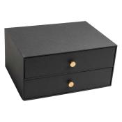 Schwarze Aufbewahrungsbox mit zwei Schubladen. Goldene Knöpfe zum Öffnen der Schubladen.