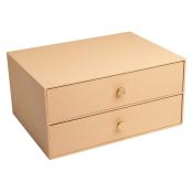 Beige Aufbewahrungsbox mit zwei Schubladen. Die Oberfläche ist strukturiert und hat goldene Knöpfe.