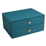 Tealfarbige Aufbewahrungsbox mit zwei Schubladen. Goldene Knöpfe zum Öffnen der Schubladen.
