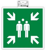 grünes Schild mit weißen Piktogrammen. Zwei stilisierte Personen in der Mitte. Pfeile zeigen in vier Richtungen.