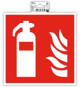 Rotes Schild mit weißem Feuerlöscher und Flammen. Warnsignal für Brandgefahr.