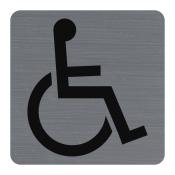 Schwarzes Symbol für Menschen mit Behinderung. Darstellung einer sitzenden Person in einem Rollstuhl.