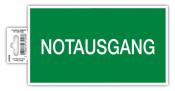 Grünes Schild mit weißem Text. Aufschrift: 'NOTAUSGANG'. Hinweis auf Notausgang.